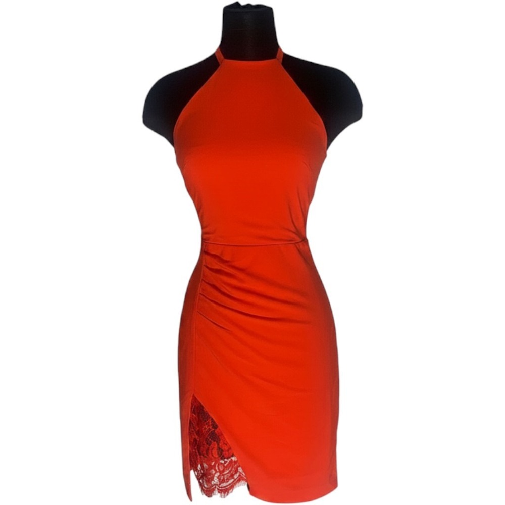 Bebe Halter Mini Dress Womens Size 0 Lace Slit Ruched Bodycon Open Back Y2k Glam
